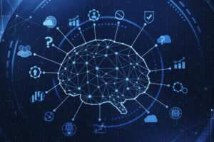 Brain-shaped digital network illustration.