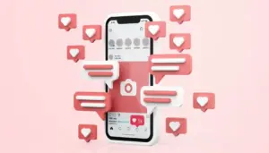 Social media marketing on Instagram and Facebook showing brand engagement and targeted advertising