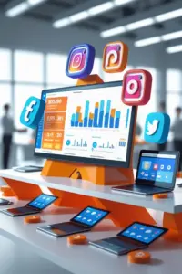 Digital marketing ecosystem showing online advertising social media and performance tracking tools