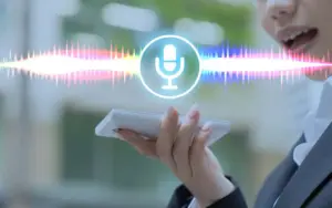 User using voice search on smartphone showing shift from typed queries to conversational search in digital marketing