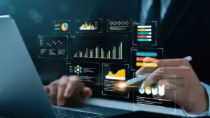 Real estate agent using digital tools and CRM dashboard to manage leads and close deals efficiently
